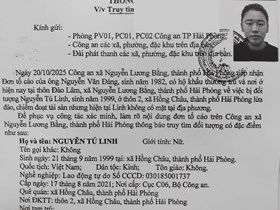 Công an xã Nguyễn Lương Bằng thông báo truy tìm đối tượng Nguyễn Tú Linh