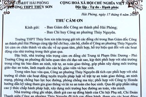 Trường THPT Thủy Sơn gửi thư cảm ơn Công an thành phố Hải Phòng và Công an phường Thủy Nguyên