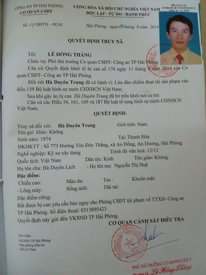 BẢN TIN ĐỐI TƯỢNG TRUY NÃ HÀ DUYÊN TRUNG