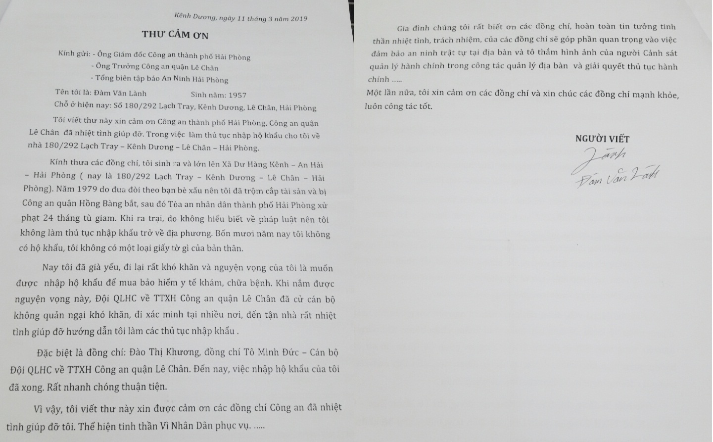 CAP Kênh Dương và Đội cảnh sát QLHC về TTXH - CAQ Lê Chân nhận được thư cảm ơn về tinh thần phục vụ nhiệt tình