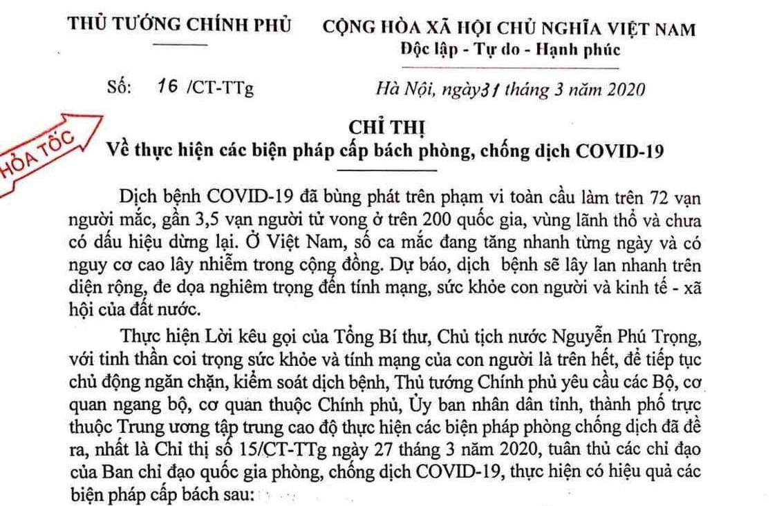 Cách ly toàn xã hội trong 15 ngày kể từ 0 giờ ngày 01/4/2020