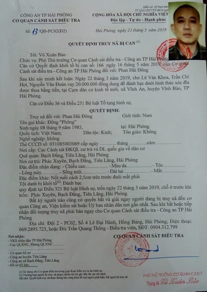 Thông báo truy nã đối với Phan Hải Đông tức 