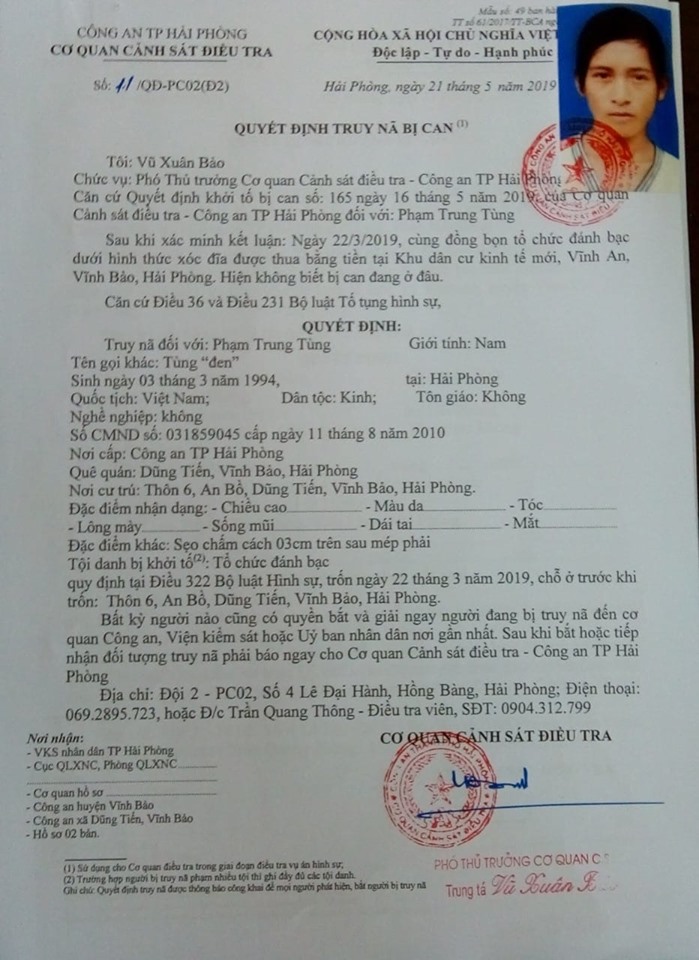 Thông báo truy nã đối với Phạm Trung Tùng, tức 