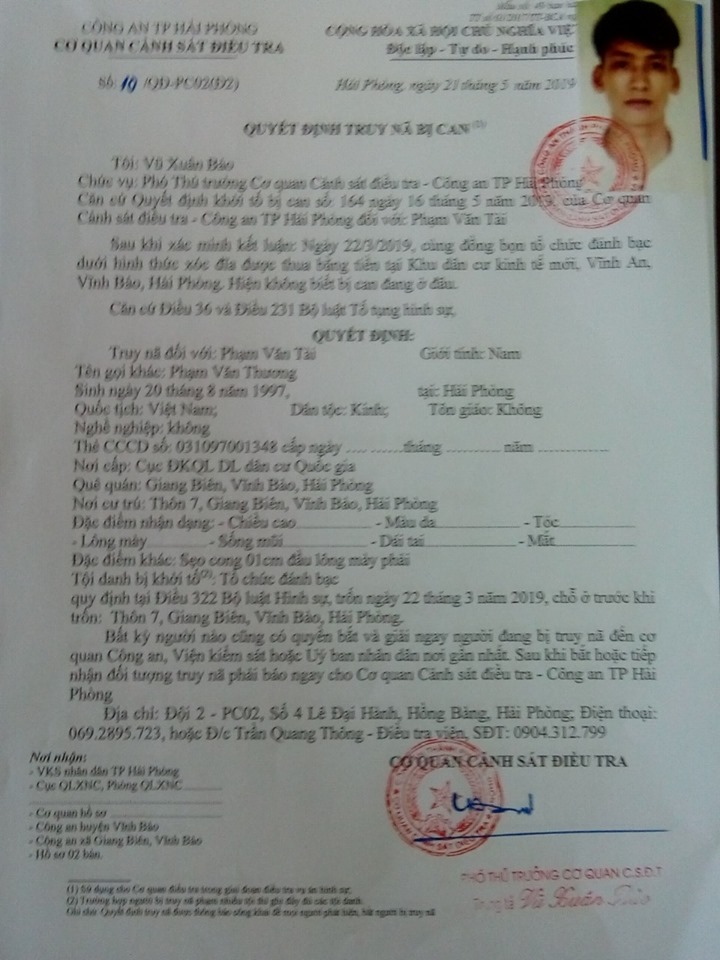 Thông báo truy nã đối với Phạm Văn Tài (Phạm Văn Thương)